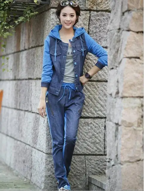 Синий Осенние костюмы комплект корейской моды женщин вязать шить джинсовая куртка с капюшоном+ брюки повседневные Женский комплект 2 шт - Цвет: Синий