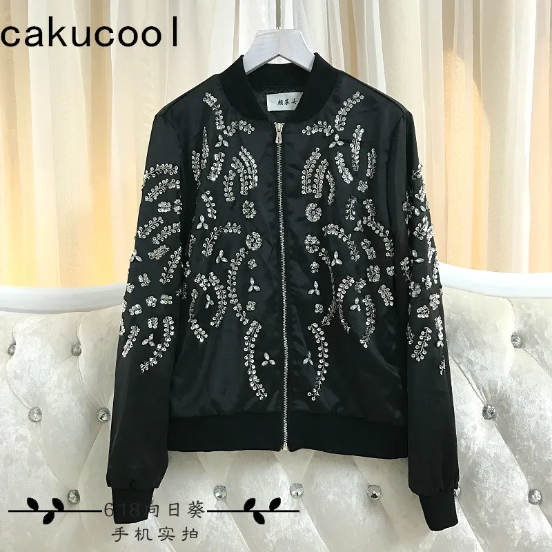 Cakucool, новинка, Женская куртка-бомбер с бусинами, весенняя, с длинным рукавом, шикарная верхняя одежда, тонкая, с вышивкой, черная, бейсбольная куртка, пальто для женщин