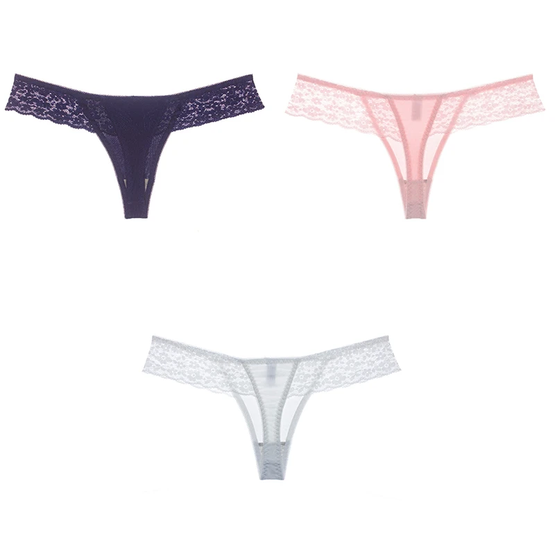 blue pink grey 3 шт., сексуальное кружевное женское нижнее белье, хлопковые женские трусики с Т-образной спинкой, одноцветные мягкие кружевные стринги для женщин, бесшовные хлопковые стринги - Цвет: blue pink grey