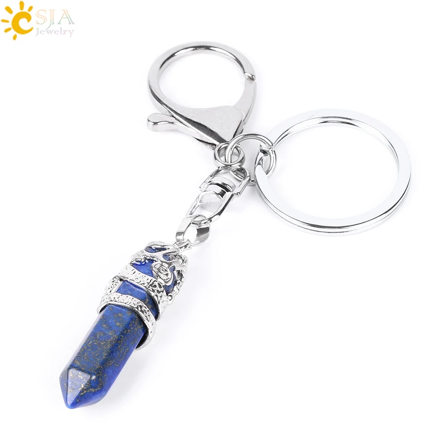 Lapis Lazuli CSJA, брелки с натуральным драгоценным камнем, шестиугольная призма, подвеска, лазурит, белый кристалл, опал, для DIY, автомобильные брелоки, цепочки E824 - Цвет: Lapis Lazuli