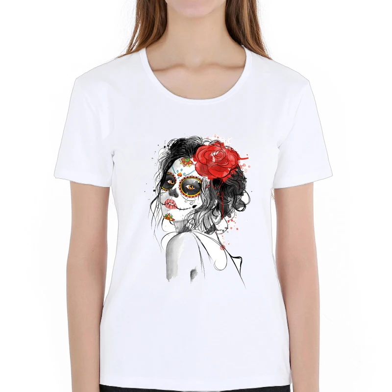 Футболка с принтом День мертвых сахарный череп Девушка татуировкой розы модная