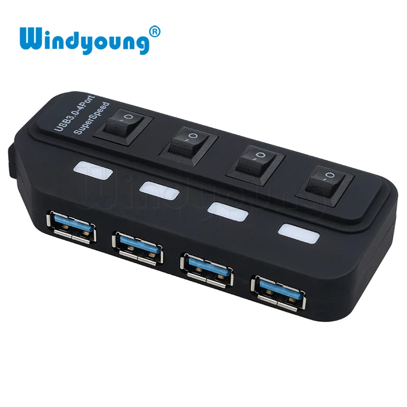 Windyoung USB 3,0 концентратор USB-A до 4 портов USB3.0 с СВЕТОДИОДНЫЙ Переключатель ВКЛ/ВЫКЛ дополнительный DC 5 в блок питания USB разветвитель адаптер для мыши ПК