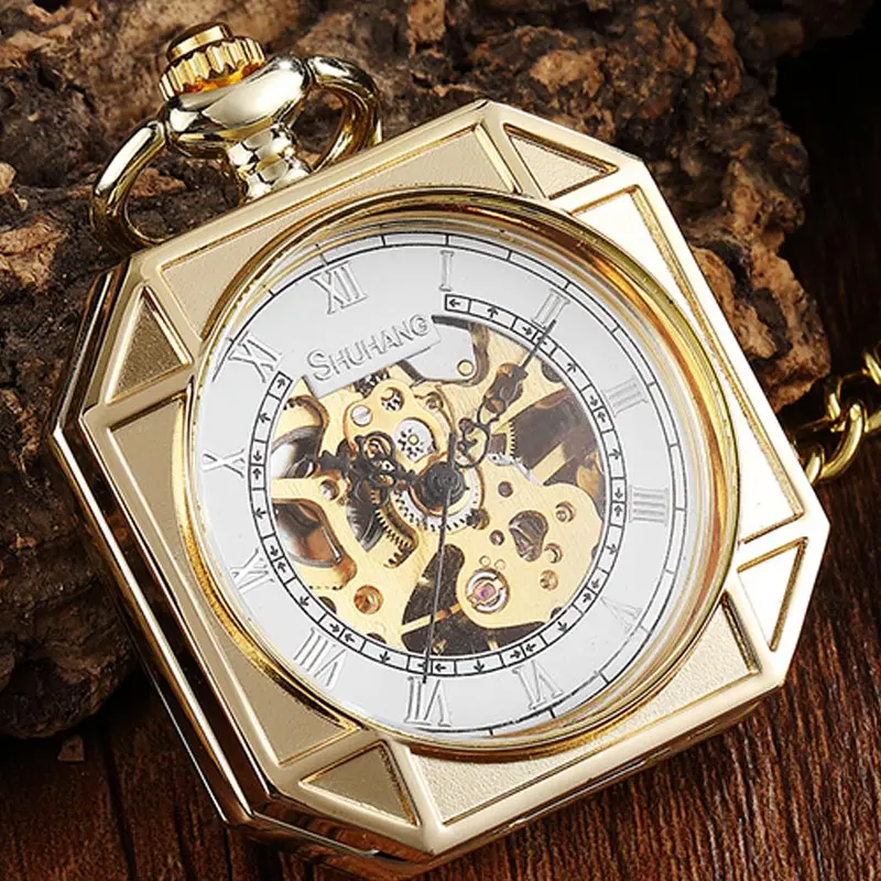 

Vintage Gold Square Skeleton Pocket Watch Mechanical Hand Wind Luxury Fob Necklace Watch With Chain For Men Wome Gifts