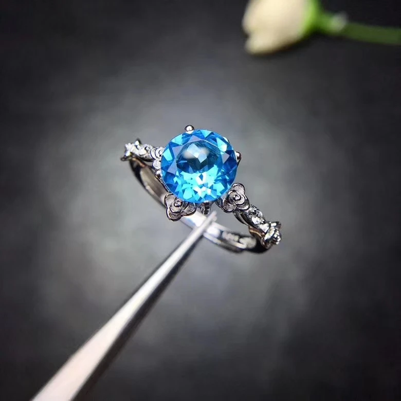 

Extravagant fashion round flower Natural blue topaz gem Ring S925 Silver Natural gemstone Ring girl Women's party gift Jewelry