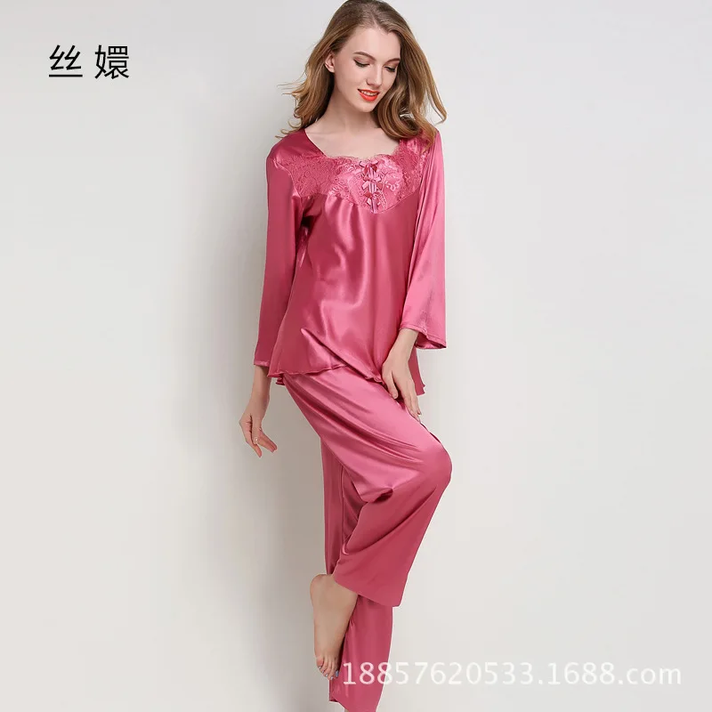 Spiring Autumn Women Ladies Sexy Flower Lace Satin Silk Pajamas Sets Long Sleeve Tops+Pants Sleepwear Femme Nightwear Pyjama | Женская