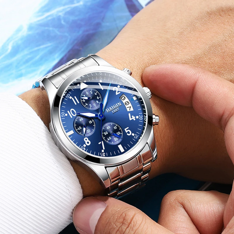 

Mens Watches HAIQIN New Luxury Brand Sports Quartz Date Watch Men Waterproof Stainless Steel Fashion Chronograph Reloj Hombre