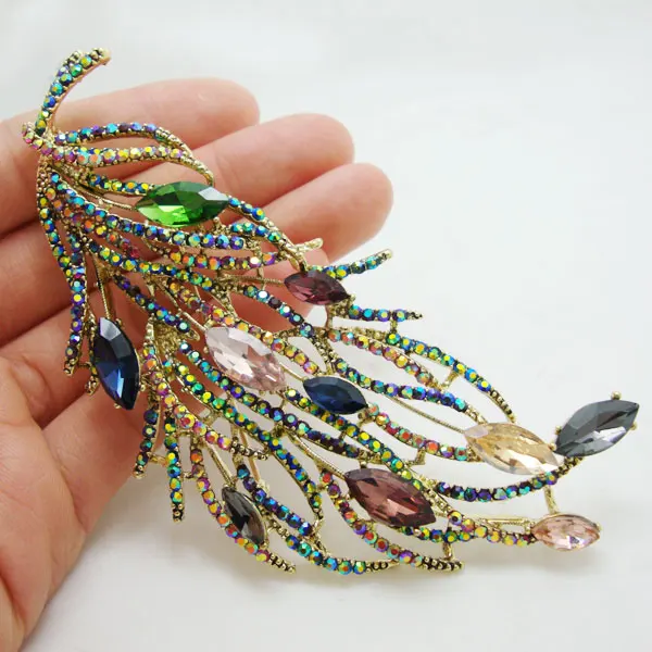 

Long Feather Brooch Pin Multi-color Luxurious Rhinestone Crystal Pretty Brooches Pin For Party Jewelry