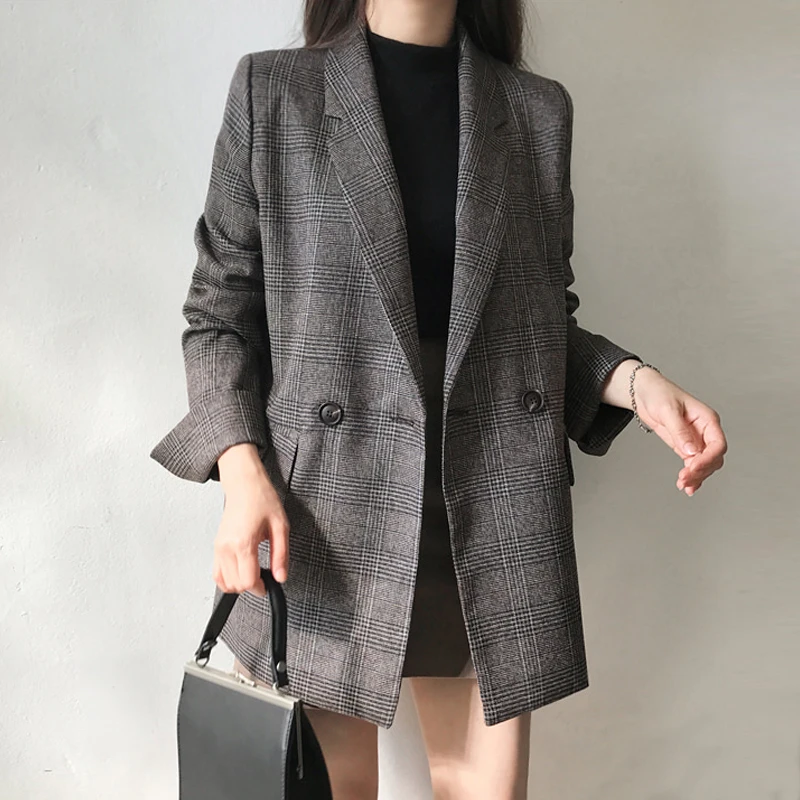 2021 Spring autumn Plaid Blazer Women double breasted Long Sleeve Suit Jacket Female Casual Coat |