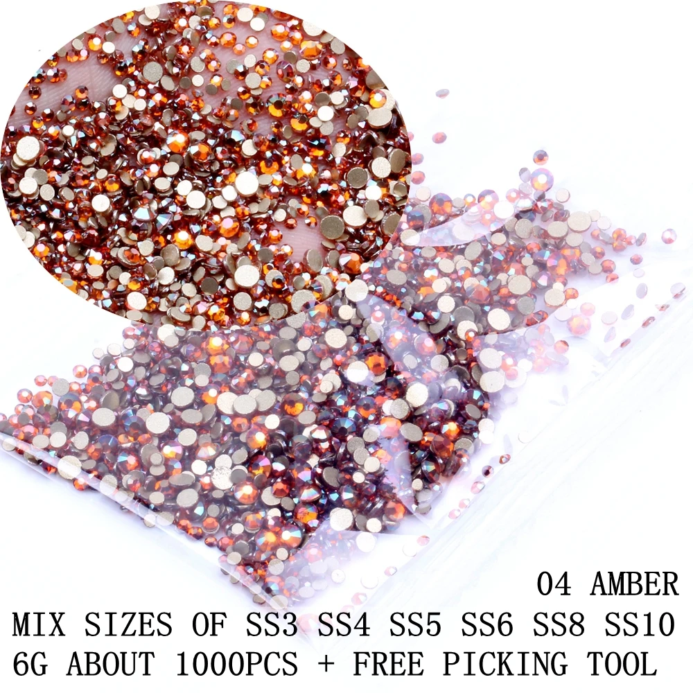 Amber Color Set Стразы для ногтей, 6 г, 1000 шт., SS3-SS10, Кристальные, AB, с плоской задней поверхностью, Стразы для ногтей, 3D, для украшения ногтей, сделай сам, набор инструментов - Цвет: Amber Color Set