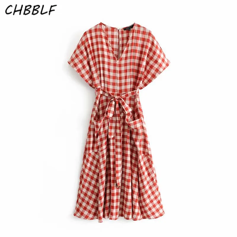 Женское платье средней длины CHBBLF клетчатое с треугольным вырезом и бантом поясом карманами платья до