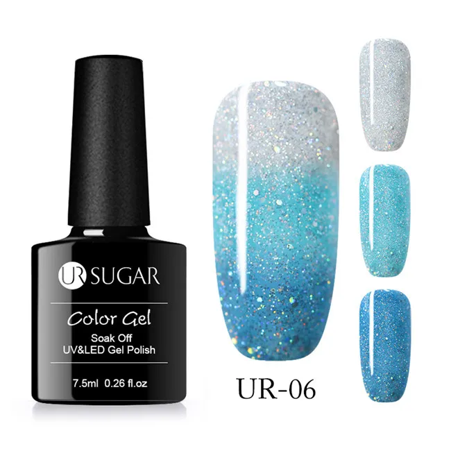3 colors 6 Ur Sugar 7,5 мл 3 слоя термальный гель лак для ногтей Лазерная блестящая голографическая Температура Изменение цвета замочить от УФ-лак для ногтей - Цвет: 3 colors 6