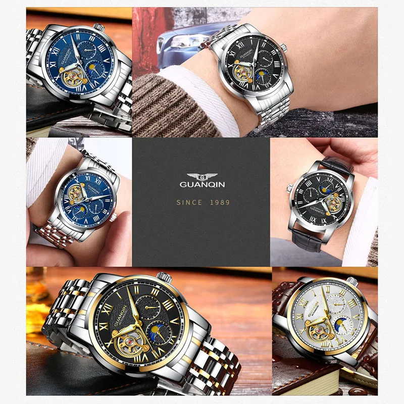 Мужские автоматические часы GUANQIN роскошные механические с каркасом Tourbillon черные