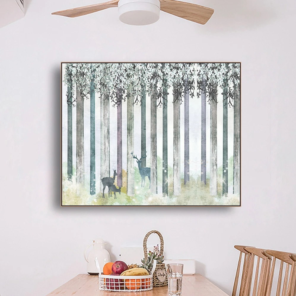 Laeacco холст каллиграфия мультфильм лес плакаты с оленем и принтами настенные