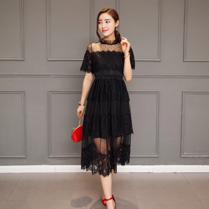 

2017 Women Long dress Lace High Slim Waist Big Pendulum Dresses White Black 956