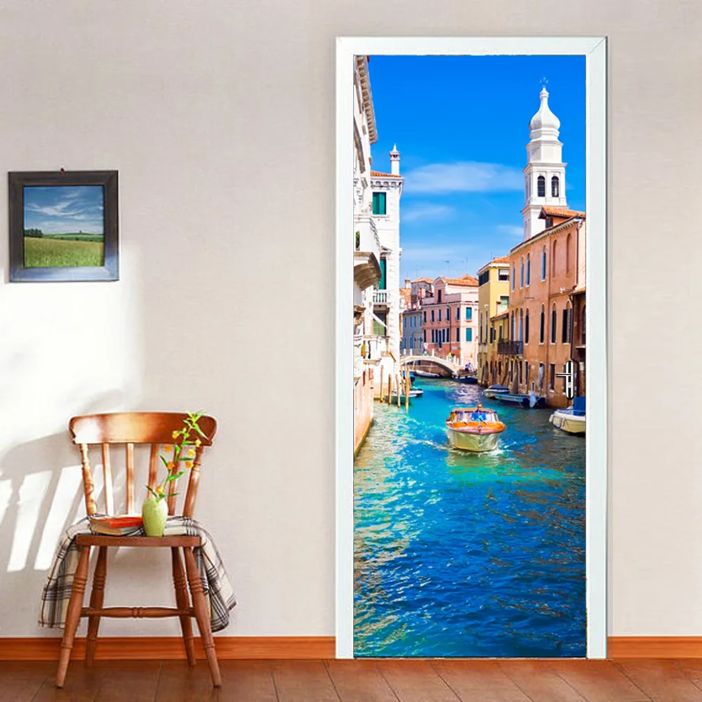 3D креативные венецианские дверные наклейки с пейзажем канала для гостиной