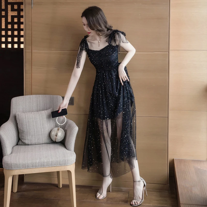 Женское пляжное Сетчатое платье на тонких бретельках Элегантное длинное черное