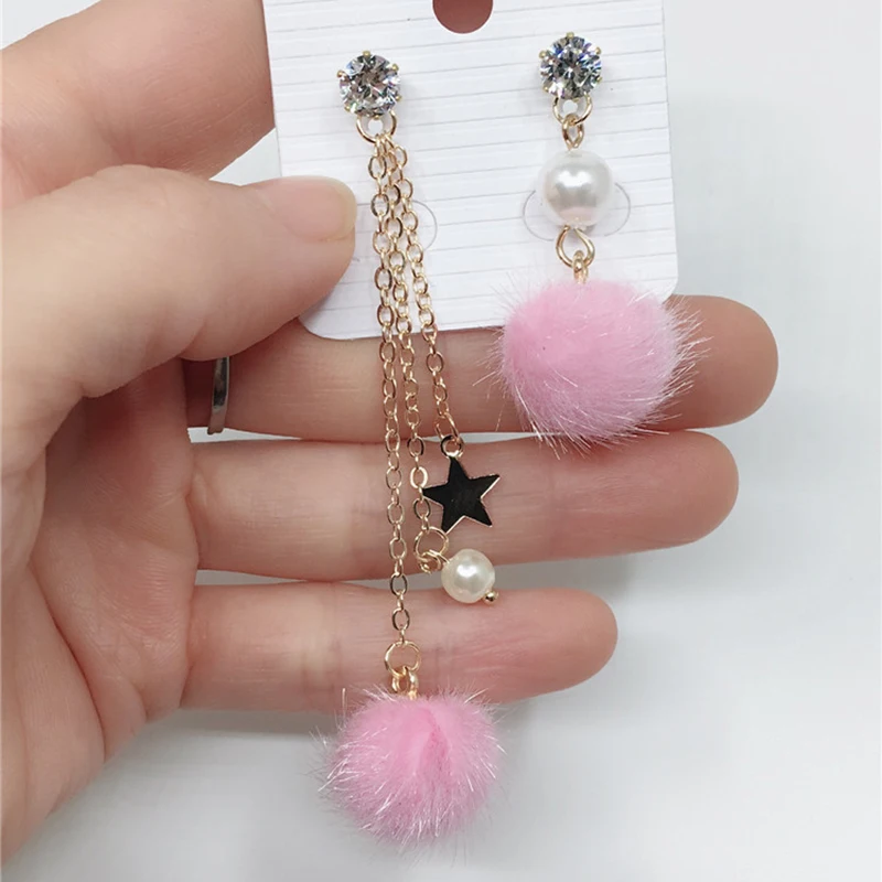 Женские асимметричные серьги с помпоном элегантные висячие длинными кисточками