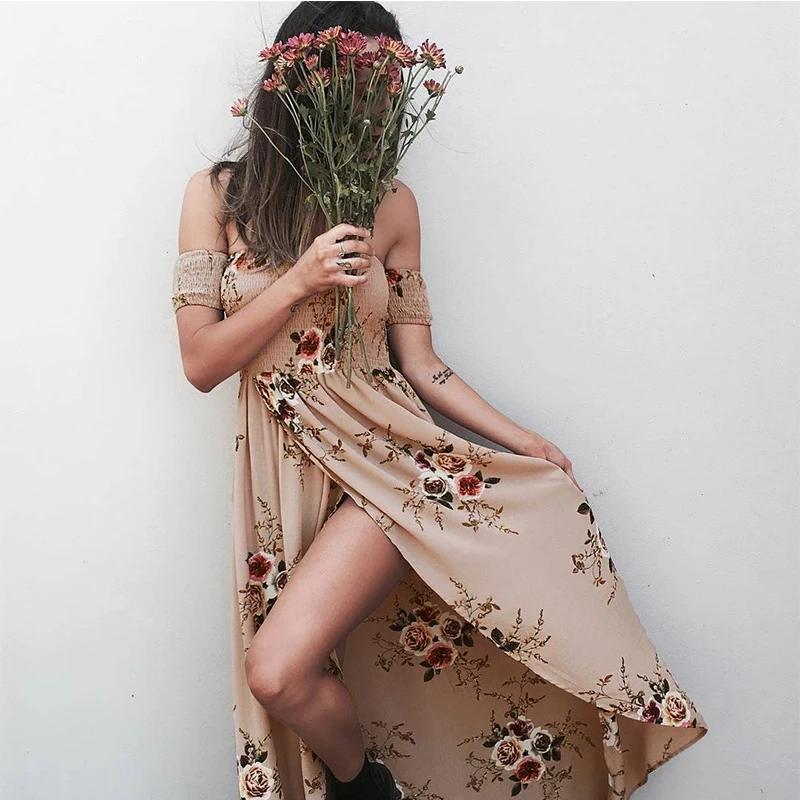 Женское пляжное платье Boho длинное с открытыми плечами шифоновое винтажное