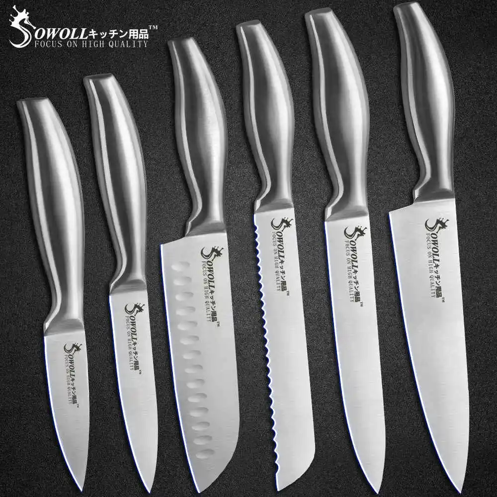 A.6pcs set Sowoll 6 шт. набор кухонных ножей лезвие из нержавеющей стали Острый удобный изогнутый нож шеф-повара нож для нарезки хлеба Santoku кухонный инструмент - Цвет: A.6pcs set