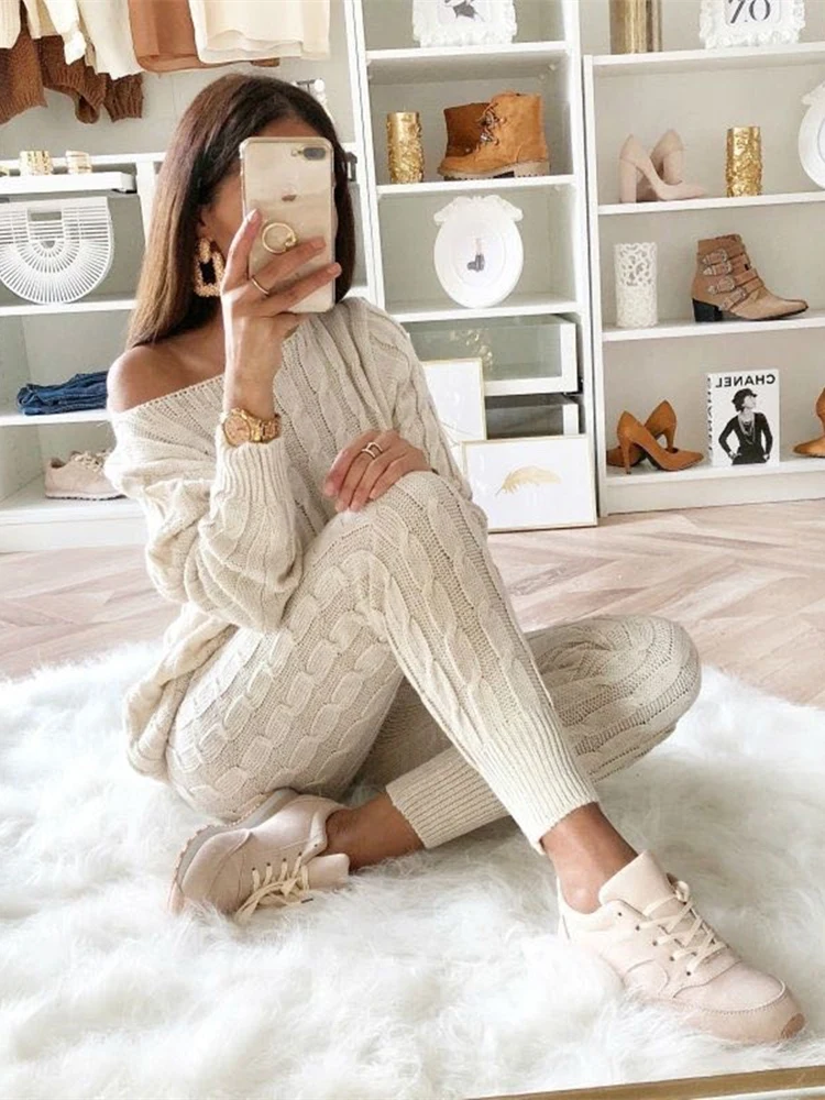 Новый Зимний женский свитер комплект из двух предметов вязаный спортивный