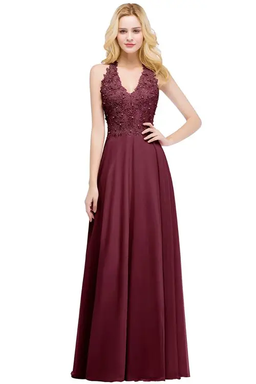 Robe demoiselle d'honneur Sexy V Neck Dusty Pink Lace Bridesmaid Dresses Long A Line Chiffon Pears Formal Prom Party Gowns - Цвет: burgundy