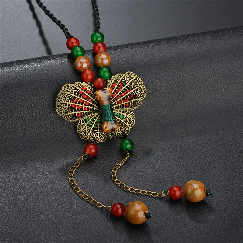 Женская ажурная подвеска бабочка из сплава ожерелье с камнями свитер бисером