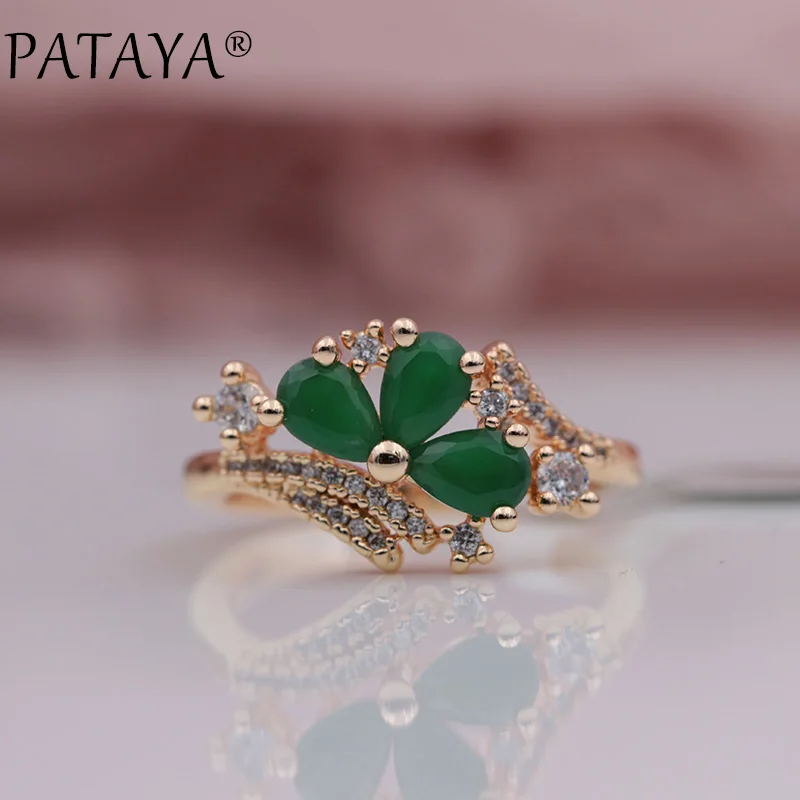 Green PATAYA, новинка, три капли воды, женские кольца, 585, розовое золото, круглый природный Цирконий, Свадебная вечеринка, модные ювелирные изделия, трендовые цветные кольца - Цвет основного камня: Green