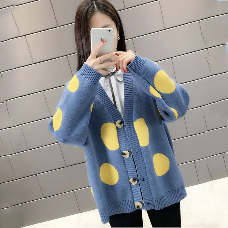 2019 весенне-осенний свитер женский в горошек с большим волнистым v-образным