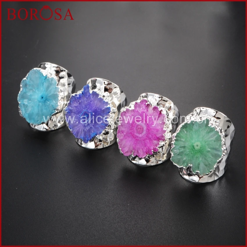 

BOROSA 5Pcs Rainbow Silver Color Sun Flower Quartz Stone Ring Druzy Bang Rings, Flower Solar Quartz Band Ring Geode Rings S0308