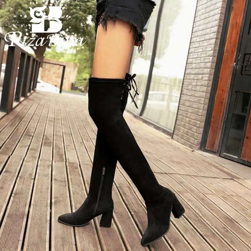 RIZABINA/Новое поступление Модные женские зимние сапоги выше колена с острым носком