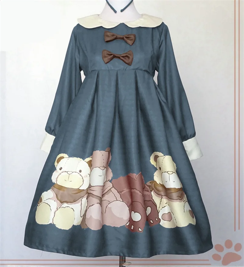 Only Blue Dress Осенне-весеннее милое платье принцессы в стиле Лолиты, платье в стиле милой куклы с принтом медведя, японское женское повседневное цельнокроеное платье с кукольным воротником, 4 цвета - Цвет: Only Blue Dress