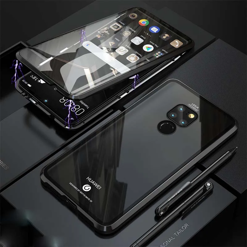black Роскошный Алюминиевый металлический магнитный чехол для huawei Mate20 Mate20Pro 360 Передний+ задний двухсторонний закаленное стекло Адсорбция KS0162 - Цвет: black