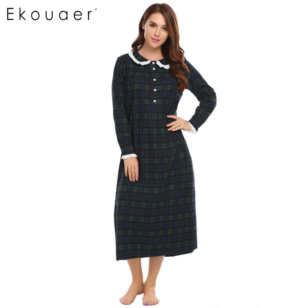 Женская клетчатая Ночная рубашка на пуговицах с длинным рукавом|plaid nightgown|nightgowns
