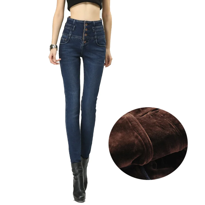 Зима высокое качество теплая женская талии густой шерсти джинсы Большой размер