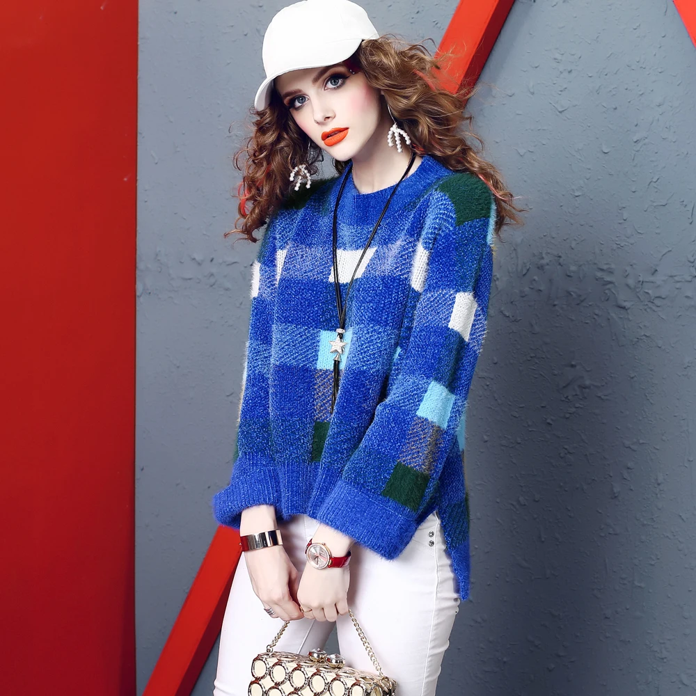 2018 осенне-зимний женский клетчатый пуловер Свитера с круглым вырезом и длинным