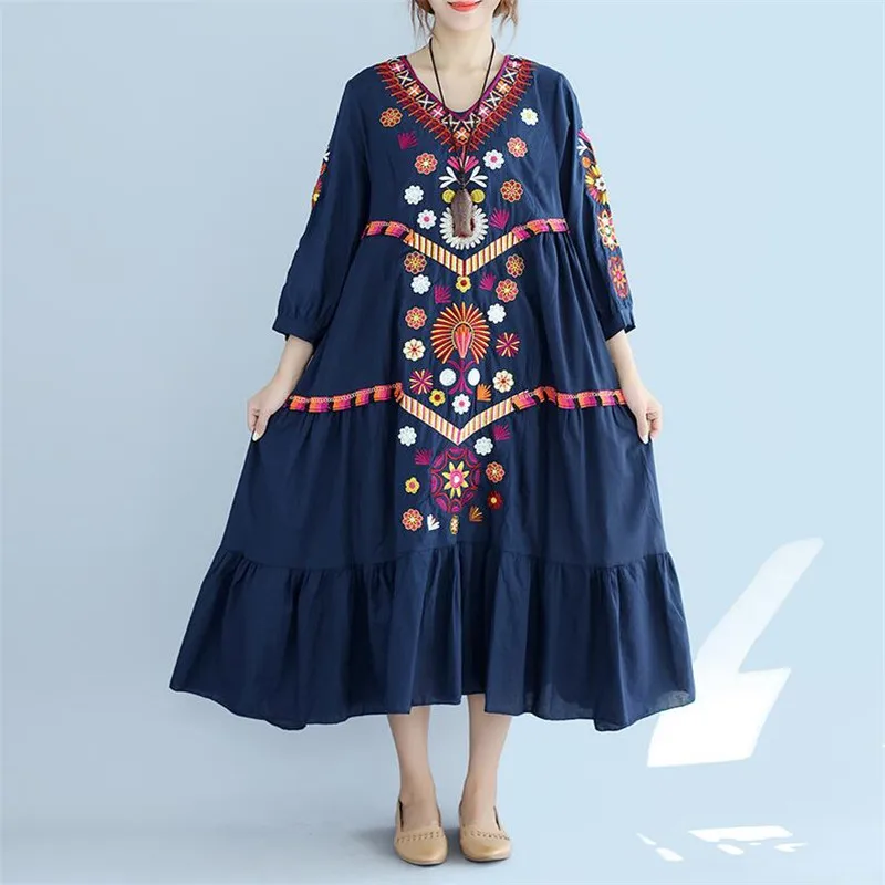 Женское винтажное платье с вышивкой повседневное свободное из хлопка и льна