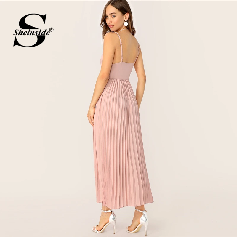 Sheinside, розовое Плиссированное шифоновое платье с v-образным вырезом для женщин, лето, высокая талия, без рукавов, платья для вечеринок, женское однотонное расклешенное платье