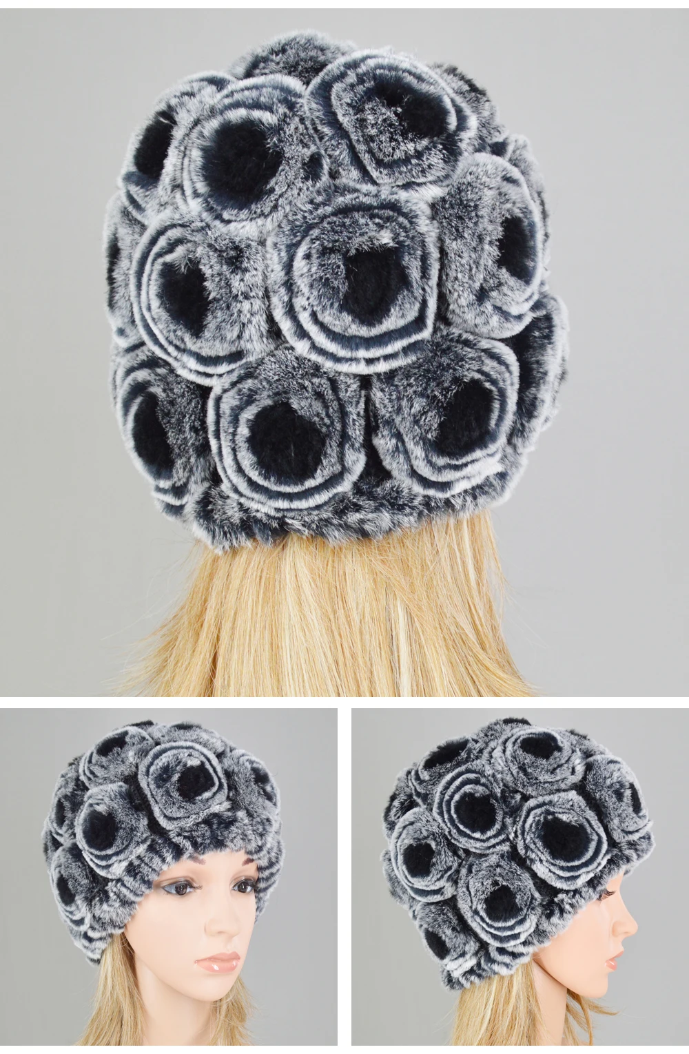 Новинка, женская шапка Skullies, настоящий мех кролика, зимняя, цветочный мех кролика Рекс, шапочки, шапка для девочек, цветы, шапки из меха кролика рекс