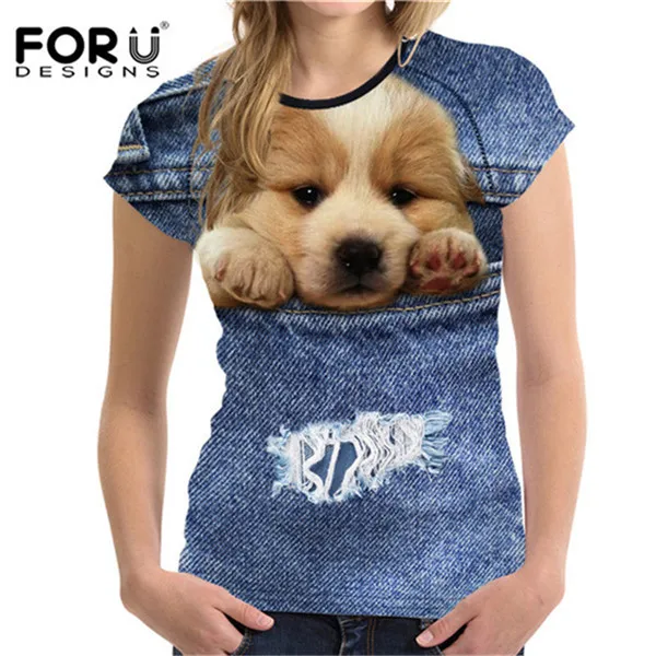 FORUDESIGNS/футболка с милым котом для женщин, Летний стиль, короткий рукав, женские футболки, 3D черный деним, с карманом, футболки для девочек, ropa mujer - Цвет: CC1672BV