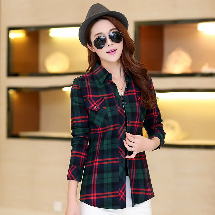 012 Осенняя фланелевая рубашка, клетчатые модные женские топы, Blusas Femininas, классические блузки для девочек, повседневный стиль, женская одежда размера плюс - Цвет: 012