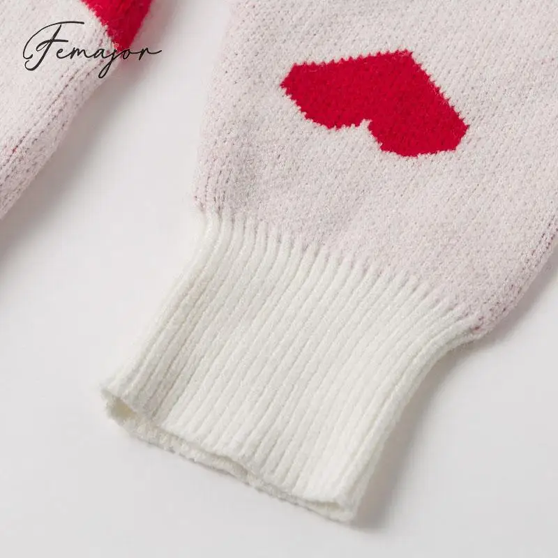 Femajor Women Sweater Autumn Winter Red heart Crochet Casual High Street Loose Lantern Pullover Female White Jumpers | Женская одежда