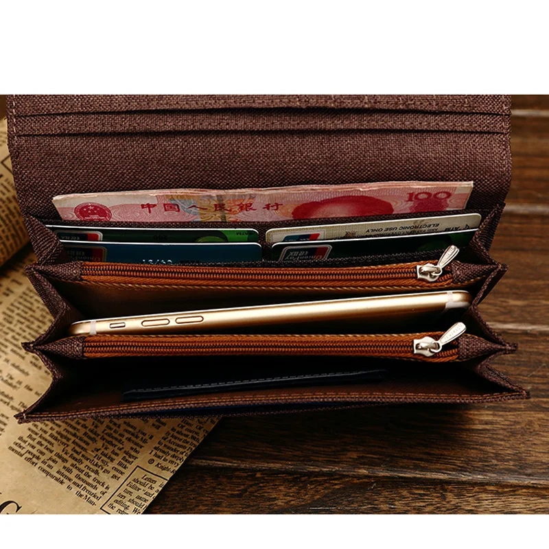 Холщовый кошелек с карманом на молнии вместительный женский бумажник из