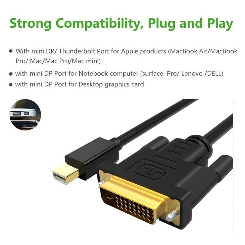 Thunderbolt Mini Displayport DP к DVI кабель позолоченный папа Мужской адаптер для MacBook Pro HDTV