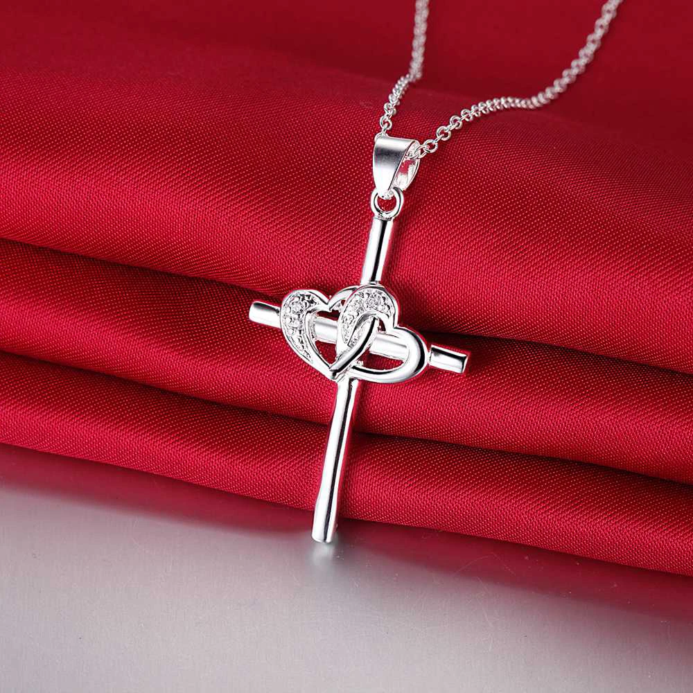 Женское ожерелье из серебра 925 пробы с подвеской крестом|heart necklace|necklace doublechain necklace