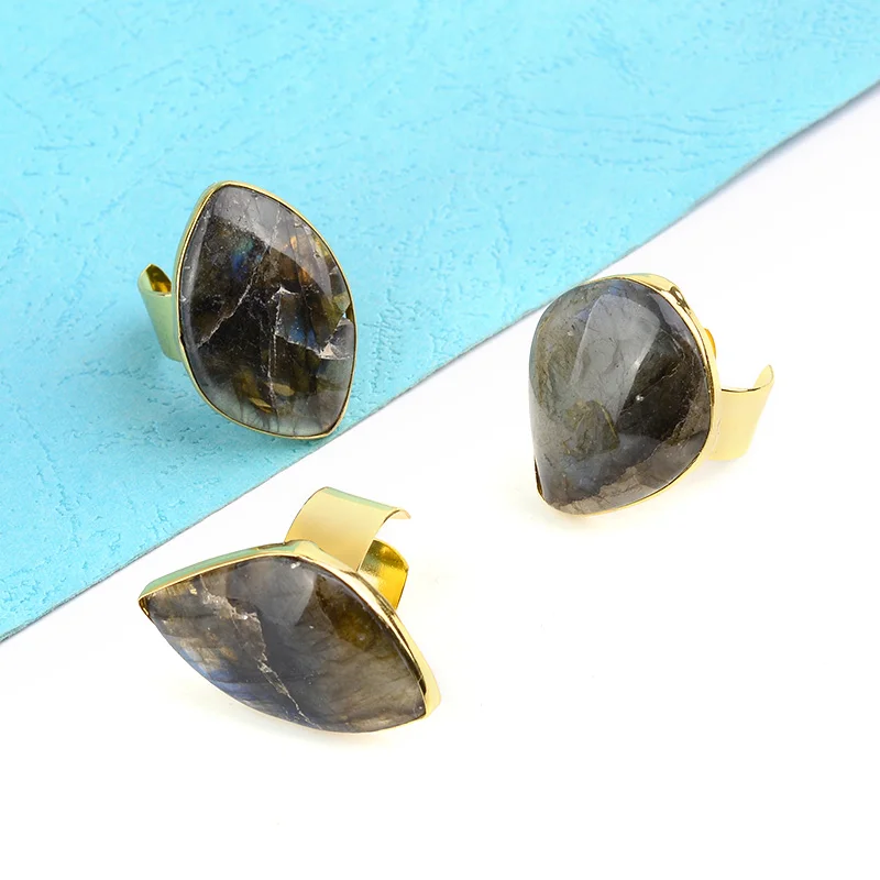 BELLA. TIME регулируемый натуральный камень лабрадорит Золотые открытые кольца для