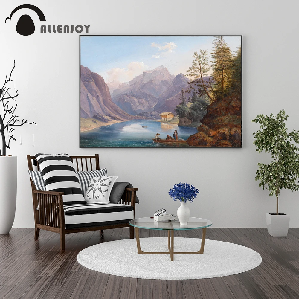 Allenjoy акварельные настенные картины речная картина горная лодка домик небо