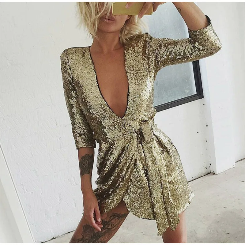 

Винтажное сексуальное вечернее платье с золотыми блестками и глубоким V-образным вырезом, весна 2019, Клубная одежда, вечерние женские облега...