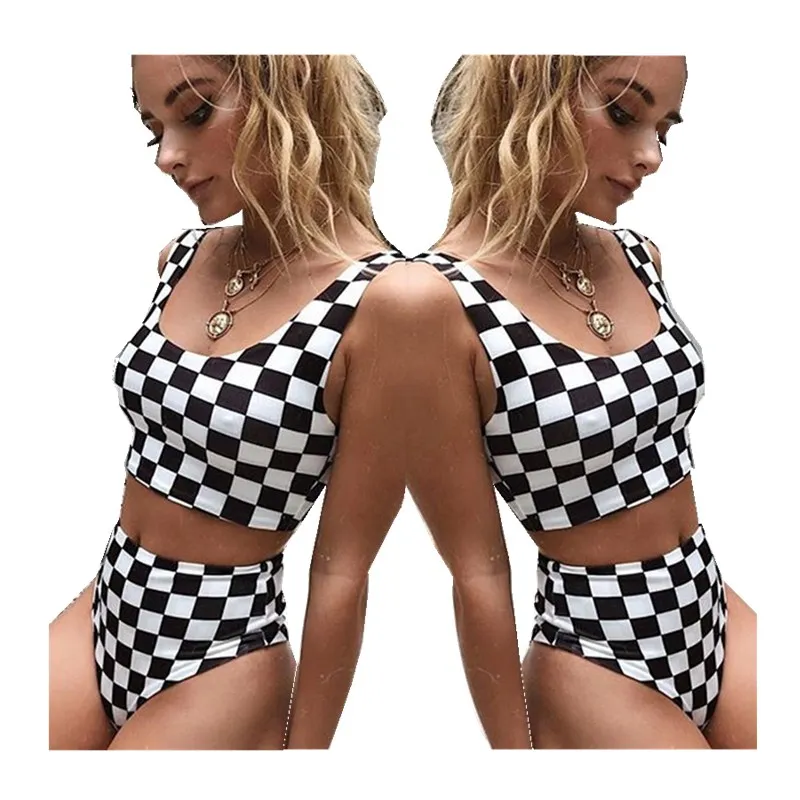 Черно белый купальный костюм 2019 клетчатый с высокой талией принтом сексуальное