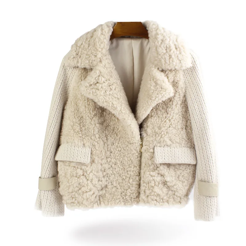 Женская вязаная куртка бомбер с натуральным мехом короткая Байкерская уличная