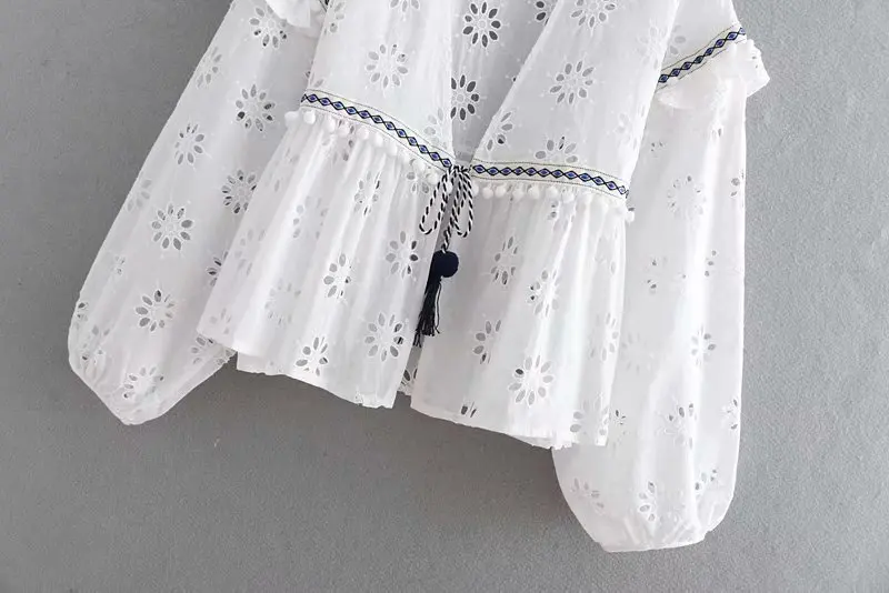 2018 Женская винтажная блузка с вышивкой в стиле пэчворк и оборками кимоно рубашка